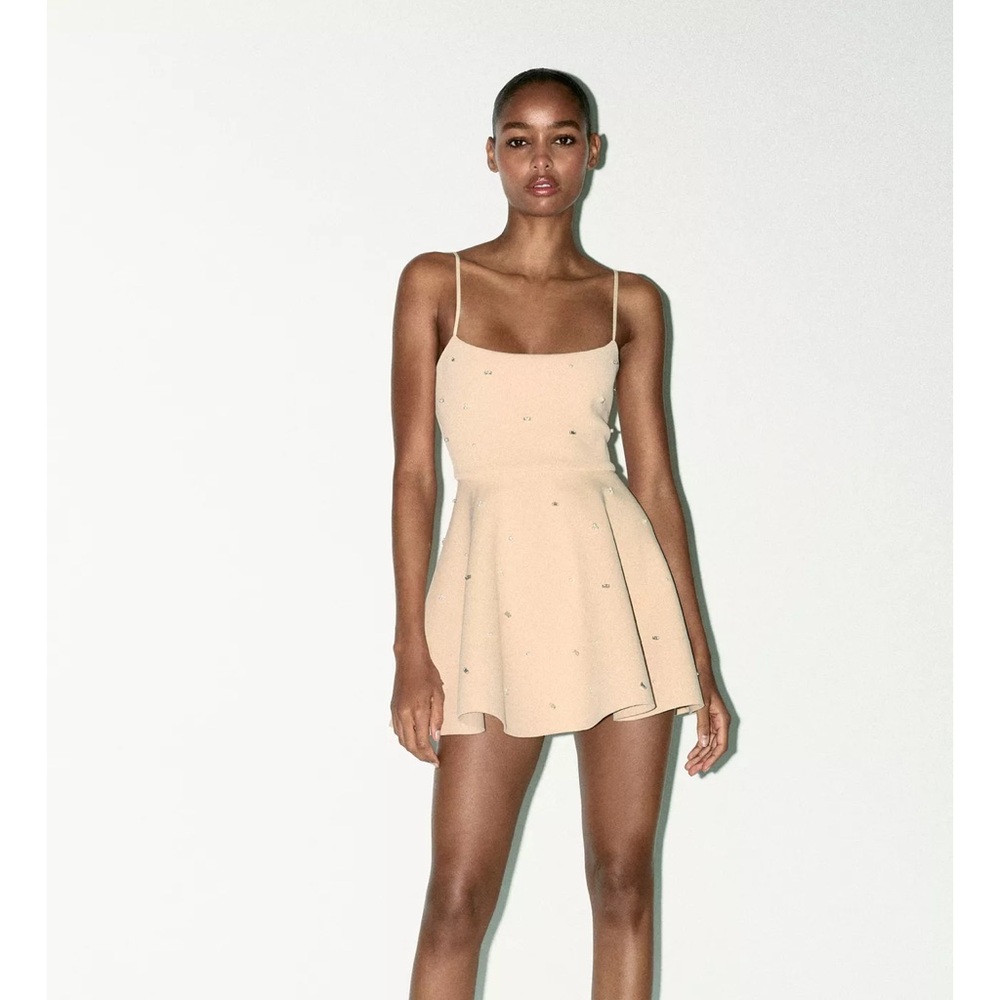 Zara Beige Embellished Mini Dress